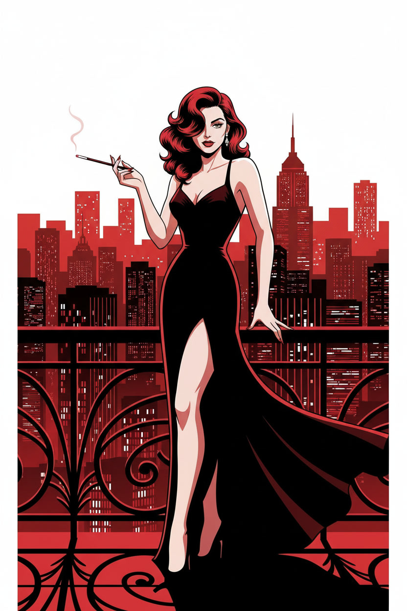 Gilda on a balcony overlooking a red-lit city