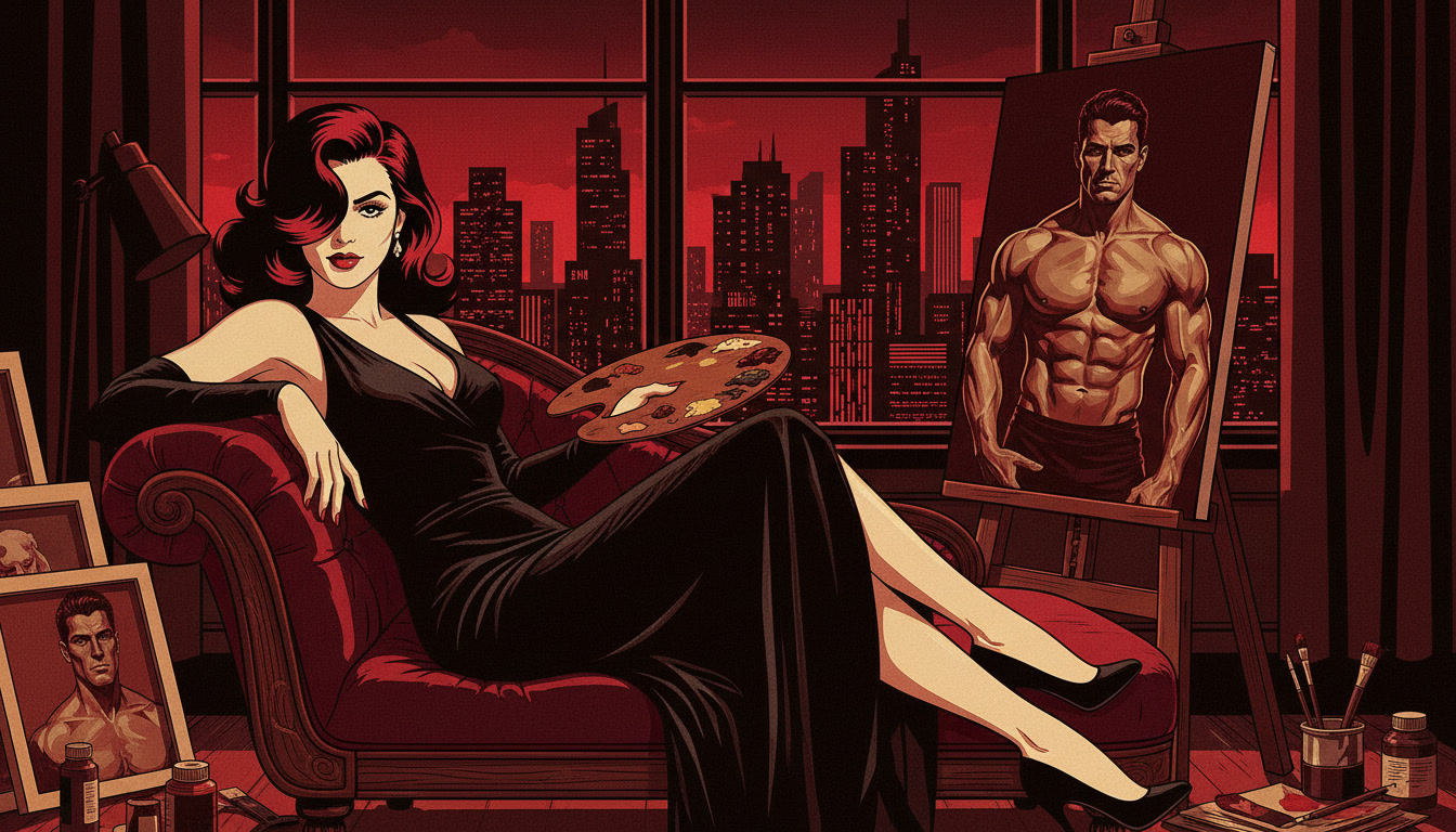 Gilda reclining with a paint palette in front of a red-lit skyline