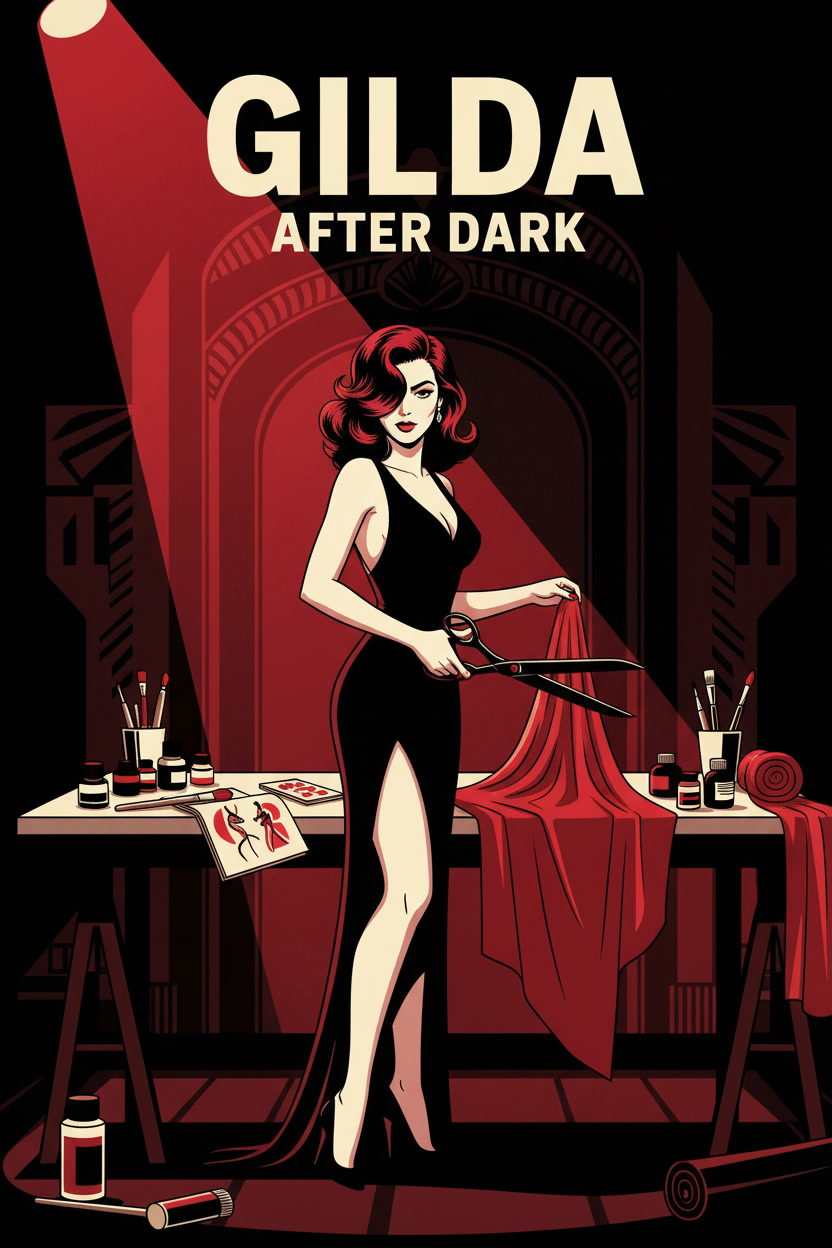 Gilda at her workbench under a red spotlight